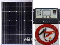 100w Mono Solar Panel +10A LCD 12V battery charger 2x USB +7m cable & Clips Fuse