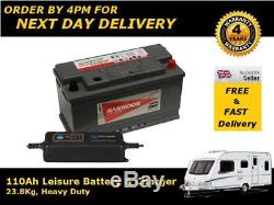 110Ah Leisure Caravan Battery 12V & Charger Package Low Height Battery