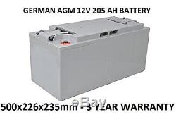 12V 205 AH Lead Acid Battery GERMAN AGM Deep Cycle Leisure Solar UPS NEW 200Ah