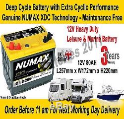 12V 80AH Numax XDC24MF Deep Cycle Leisure Marine Battery Motorhome Caravan Boat