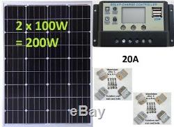 2 x 100w = 200w Mono Solar Panel + 20A LCD 12V 24V charger 2x USB 5V + brackets