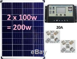 2 x 100w = 200w Solar Panel + 20A LCD 12V 24V charger 2x USB 5V + Z bracket sets