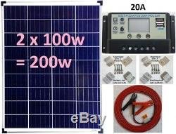 2x 100w = 200w Solar Panel +20A LCD 12V 24V charger USB +brackets +4m cable sets