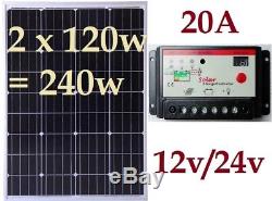 2x 120w = 240w Mono Solar Panel 3m cable +20A Charger Controller 12v 24v battery