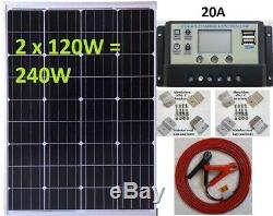 2x 120w = 240w Solar Panel +20A LCD 12V 24V charger USB +brackets + 7m cable kit