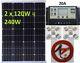 2x 120w = 240w Solar Panel +20a Lcd 12v 24v Charger Usb +brackets + 7m Cable Kit